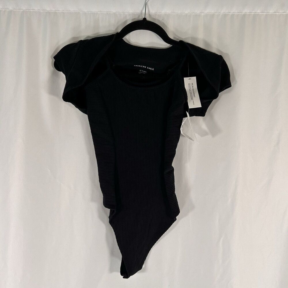 New American Eagle Bodysuit & Cropped Cardigan Women's XS Black Ribbed Short Sl